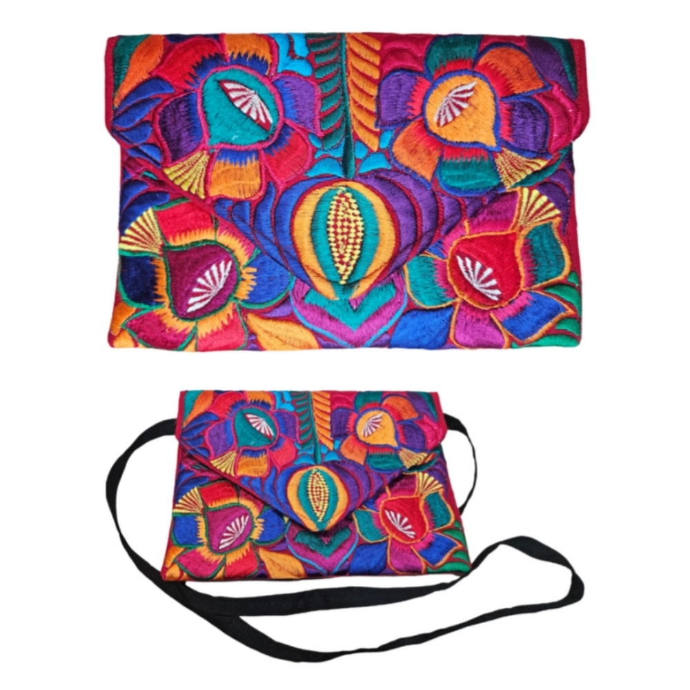 Hand Embroidered Mexican Crossbody Clutch Vibrant Art To Wear Purse Multicolored